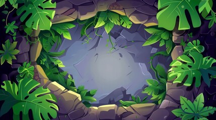A cartoon underground tunnel scenery view with separated layers for game scene with a 2d jungle cave entrance, hole in the rock and green trees and lianas.