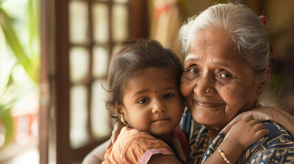 copy space, stockphoto, candid shot of an indian grandmother with her grandchild at home. Family theme, elderly grandmother together with her grandchild. Importance of love between generations. Old an
