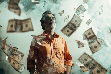 An intriguing depiction of a blurred woman in a vivid red shirt as countless dollar bills descend around her, creating a mist-like effect