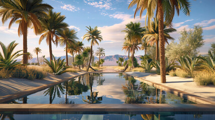 A tranquil desert oasis with palm trees swaying in the breeze, a shimmering pool reflecting the azure sky above, providing a welcome respite from the harsh desert landscape
