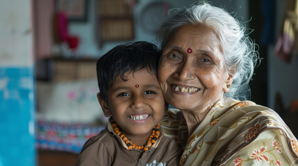 copy space, stockphoto, candid shot of an indian grandmother with her grandchild at home. Family theme, elderly grandmother together with her grandchild. Importance of love between generations. Old an
