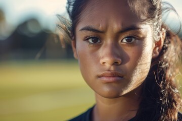 A close-up shot of a young female athlete with a determined expression in natural lighting - obrazy, fototapety, plakaty