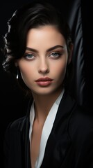 A beautiful young woman with dark hair and light eyes is wearing a black suit jacket. She is looking at the camera with a serious expression.