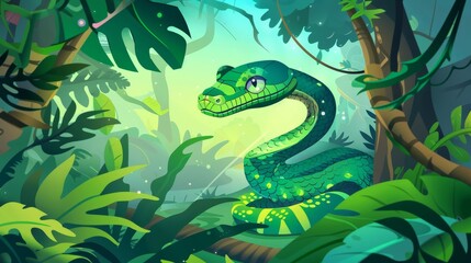 Cartoon landing pages depicting snake life in the wild, pythons in their natural habitat, Ahaetulla prasinus, Trimeresurus Salazar, cartoon web banners depicting reptile lifestyle.