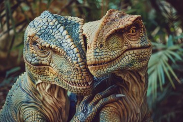 Fototapeta premium A close up of two dinosaur figures locked in a warm hug suggests themes of love and kinship against a soft-focus background