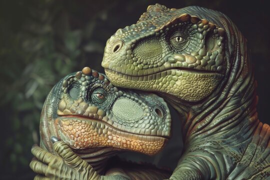 This image depicts a pair of dinosaur models in a tender hug with intricate detailing, conjuring feelings of love and protection