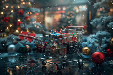 A Christmas shopping cart is filled with presents and surrounded by red decorations. The scene is set against a red wall, creating a festive and joyful atmosphere - obrazy, fototapety, plakaty