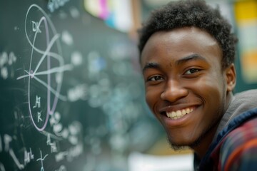 An upbeat African American man poses cheerfully in front of a board with scientific equations