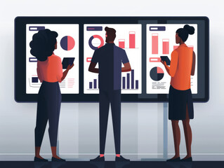 Three executives analyze business strategies using charts and data on a large digital display.
