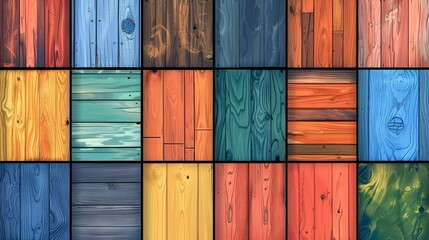 A seamless pattern of colorful wooden panels, bricks, or planks. Modern backgrounds include green, red, blue, orange, turquoise wood tile, wall, parquet floor, laminate design.