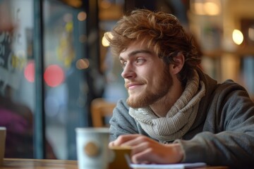 A pensive young man adorned in a cozy scarf, looking out the window in a contemplative mood at a cafe setting - obrazy, fototapety, plakaty