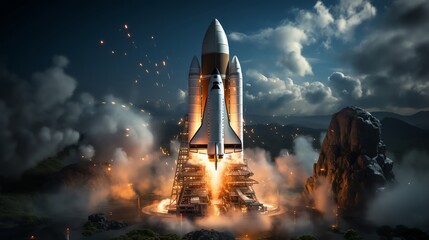 Dynamic image of a rocket launch pad with a startup logo on the rocket, symbolizing rapid growth and ambitious beginnings, perfect for a corporate launch event - obrazy, fototapety, plakaty
