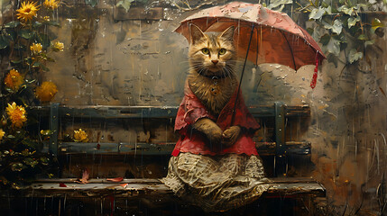 A brown cat in a dress sits on a bench with a red umbrella - obrazy, fototapety, plakaty