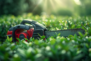 elegant shot of effortless performance of an electrically powered chain saw in trimming bushes, against a clean and simple backdrop, highlighting the sophistication and effectivene