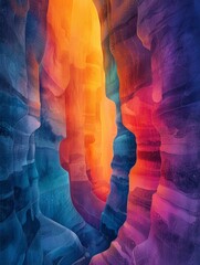 A painting depicting a canyon with a bright light emanating from it, illuminating the rugged rocks and creating a dramatic contrast of light and shadow - obrazy, fototapety, plakaty