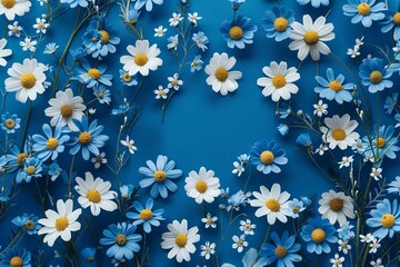 Beautiful chamomile and forget me-not-flowers pattern on blue background