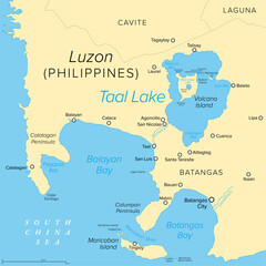 Taal Lake, on the island of Luzon in the Philippines, political map. Freshwater caldera lake in Batangas province, which fills Taal Volcano, a large volcanic caldera formed by very large eruptions.