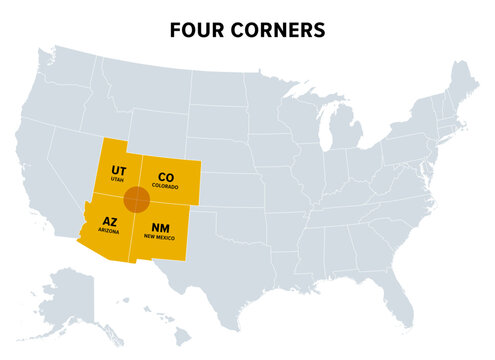 Four Corners, a region of the Southwestern United States, political map. Only region in the United states where four states share a boundary point, which are Arizona, Colorado, New Mexico and Utah.