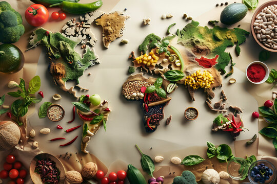 A map of the world is covered with various fruits and vegetables. The idea behind this image is to showcase the diversity of food around the world and the importance of a healthy diet
