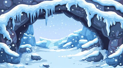 A cave cartoon background with a stone tunnel frame and snow and stalactites. An entrance to a mountain, with an open hole in the rock where text or images may be placed.