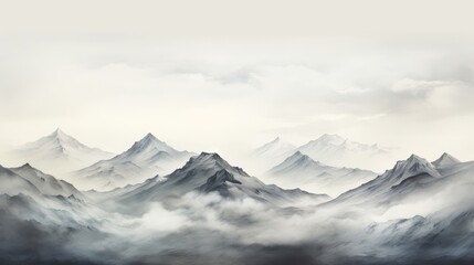 A beautiful landscape painting of snow capped mountains in the distance with clouds and fog in the foreground.