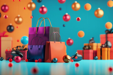 A colorful scene of a Christmas party with a red bag and three boxes of gifts. The scene is full of bright colors and festive decorations, creating a joyful and celebratory mood