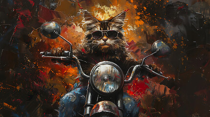 A cool cat in shades and boots rides a motorcycle, exuding confidence and style as it cruises along with an adventurous spirit - obrazy, fototapety, plakaty