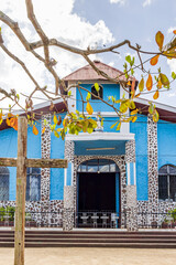 Littel blue church in El Castillo village along the San Juan river in Nicaragua