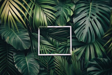 Square Picture Frame Surrounded by Tropical Leaves - obrazy, fototapety, plakaty