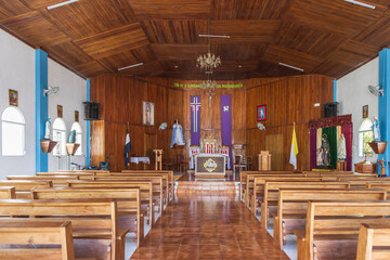 Interior of blue little church in El Castillo village along the San Juan river in Nicaragua