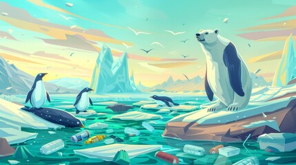 Cartoon arctic and antarctic scene with wild animals on ice and trash in sea water. Modern posters of sea pollution with polar bear, seal and penguins on glacier. - obrazy, fototapety, plakaty