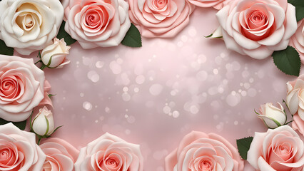pink and white roses on pink background with copy space