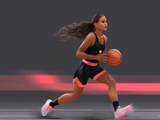 Naklejka premium Full-length portrait of a female basketball player in motion on the court, dribbling the ball.