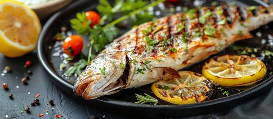 Grilled Fish and Lemon Wedges on Black Plate - obrazy, fototapety, plakaty