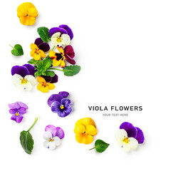 Spring viola pansy flowers frame border isolated on white background.