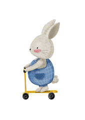 Cute illustration drawn by hand of bunny on a yellow scooter , isolated on transparent background .