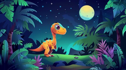 An adorable baby velociraptor in the jungle at night. Dinosaur character in a prehistoric forest. Modern illustration of a dark rainforest landscape with a dinosaur and tropical plants.