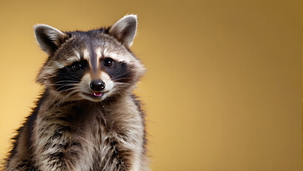 Portrait of a raccoon on a yellow background with copy space