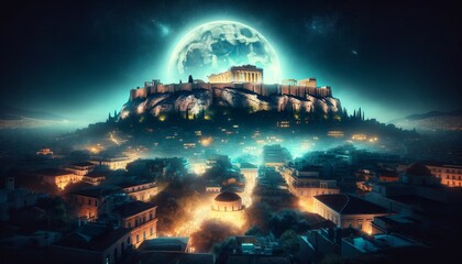 A mystical night scene of the Acropolis in Athens