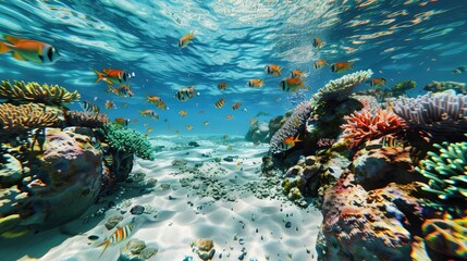 A pristine coral reef alive with the vibrant colors and exotic shapes of tropical marine life, its crystal-clear waters teeming with schools of colorful fish and delicate coral formations, - obrazy, fototapety, plakaty