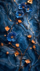 A royal blue marble canvas, traced with gold veins, accented with blue delphinium petals and ribbons of dark blue silk. Vertical.