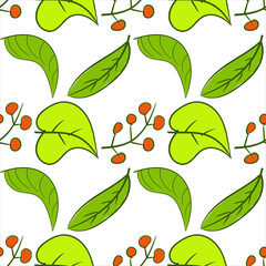 Seamless background of leaves and berries painted by hand