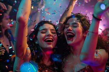Two women in a party with confetti and streamers
