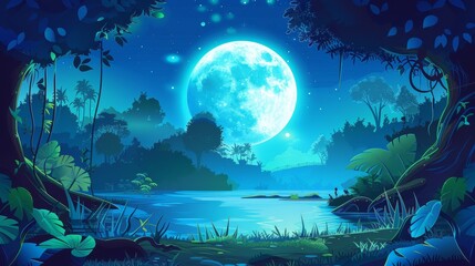 Forest landscape at night with lake and path in moonlight. A panorama of pond, grass, trees, and lianas in the rainforest. - obrazy, fototapety, plakaty