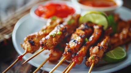 Skewered chicken on plate with side sauce