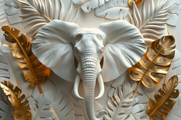 abstract relief design with a elephant and flowers, white and gold