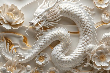 abstract relief design with a dragon and flowers, white and gold
