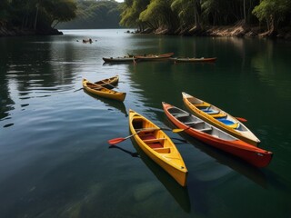 A canoe gliding across the tranquil surface of a lake, its sleek form cutting through the water with effortless grace .
