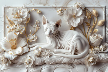 Fototapeta na wymiar abstract relief design with a sphynx cat and flowers, white and gold