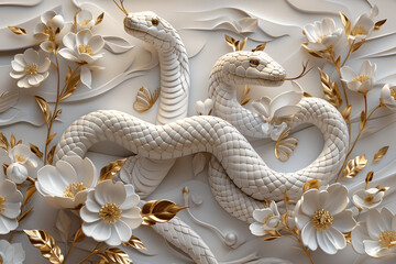 abstract relief design with a snake and flowers, white and gold
